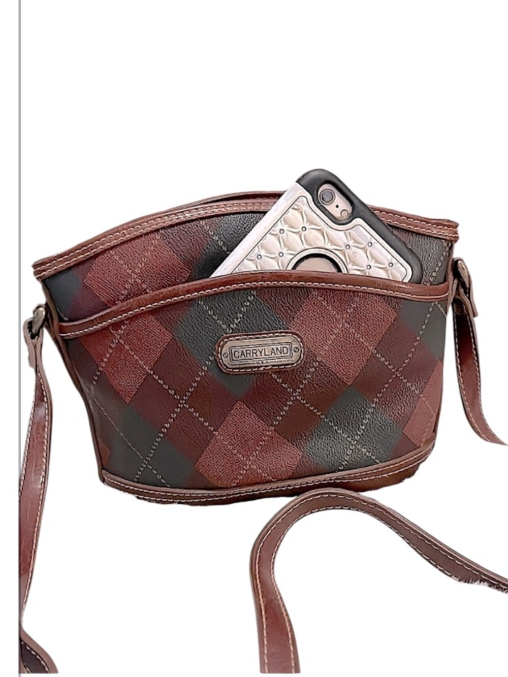 Carryland Unique Vintage Leather Argyle Print Small Crossbody Bag Purse